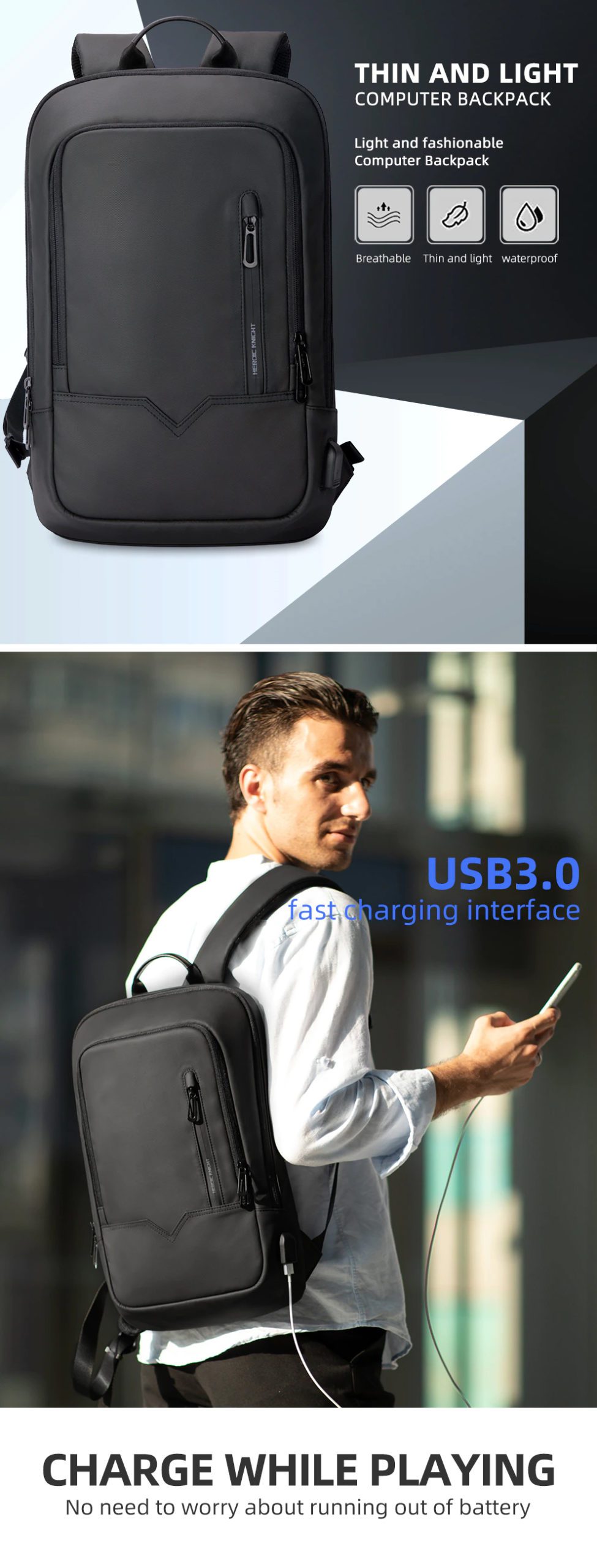 Heroic Knight HK-8228B Waterproof 14inch Laptop Backpack