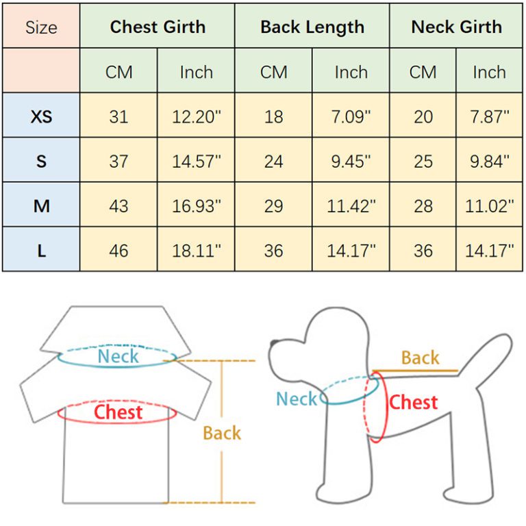 Shake Tail Dog Clothes Size Chart