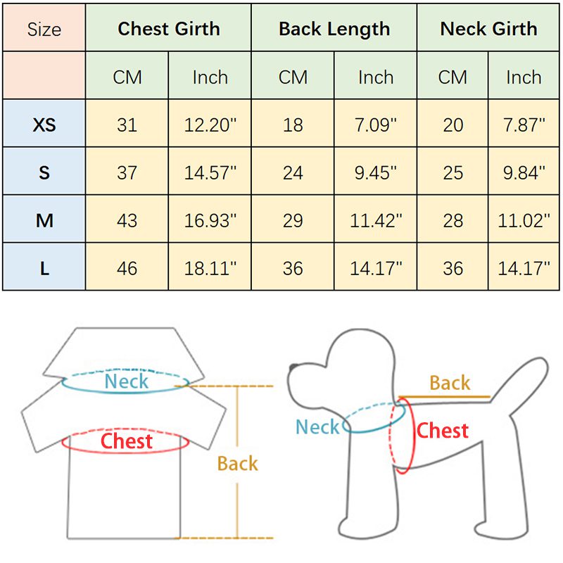Shake Tail Dog Clothes Size Chart