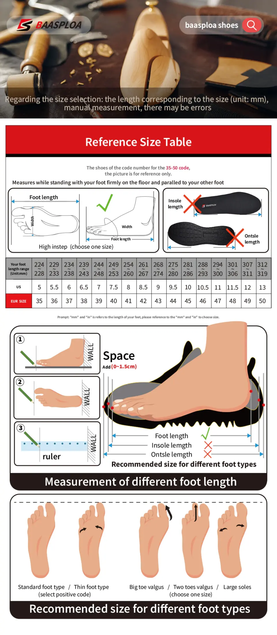 B-SPLOA M7260 Outdoor Sports Walking Shoe Size Chart