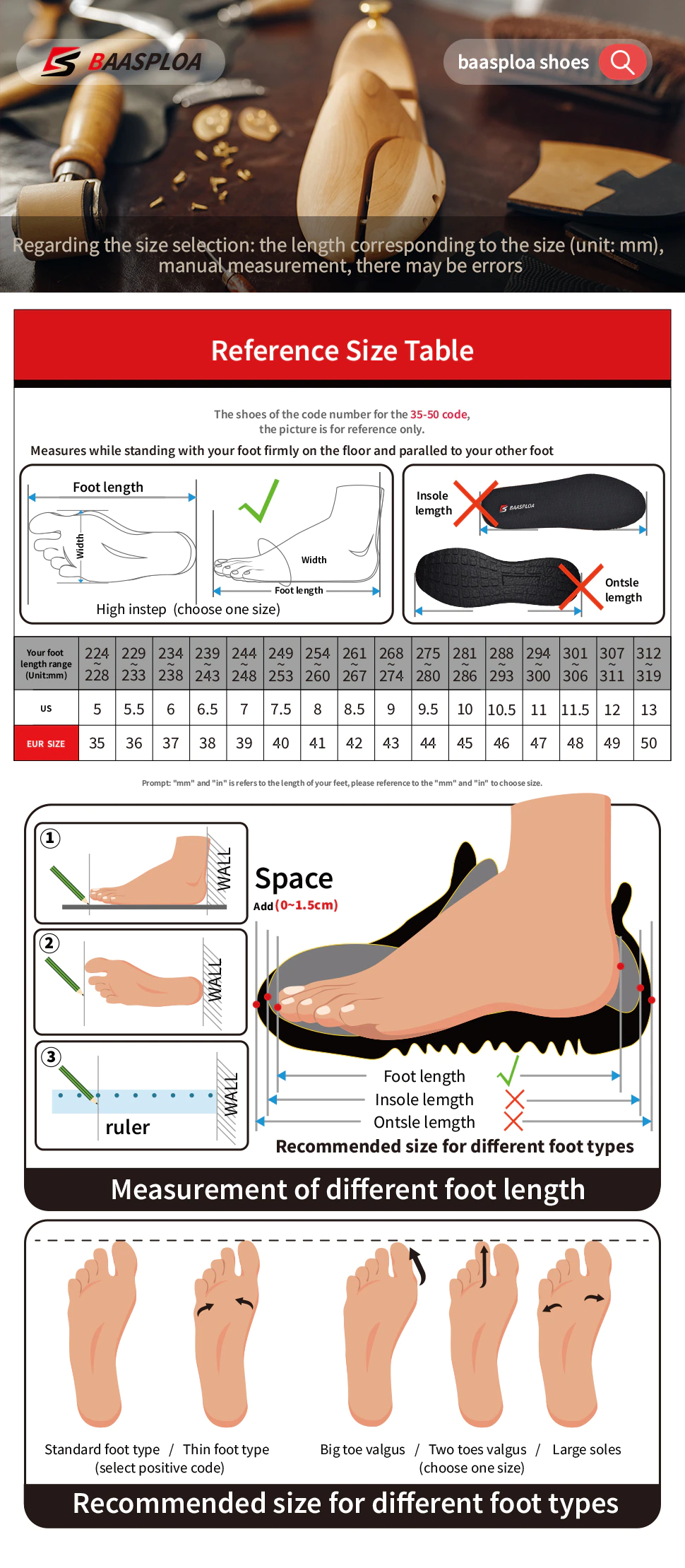 B-SPLOA M7260 Outdoor Sports Walking Shoe Size Chart
