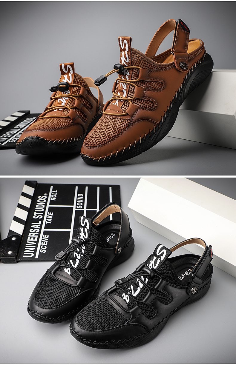 Shan Ta ST112 Mens Leather Sandals Light Brown & Black