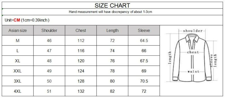 Favocent Down Jackets Men Size Chart