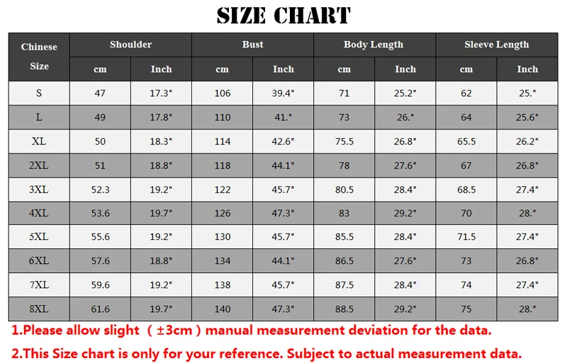 XYNIAO RMX Men Jacket Coat Size Chart