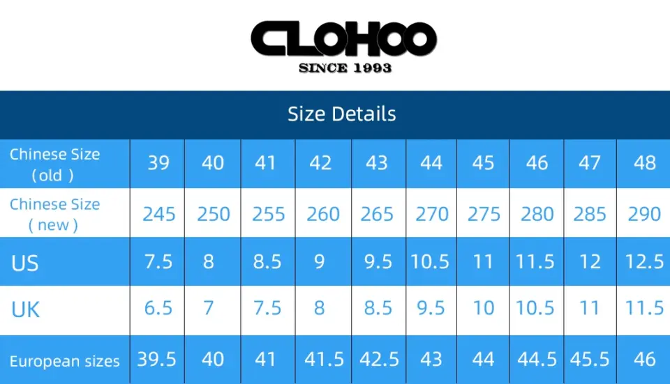 CLOHOO Men's Casual Loafers Size Chart