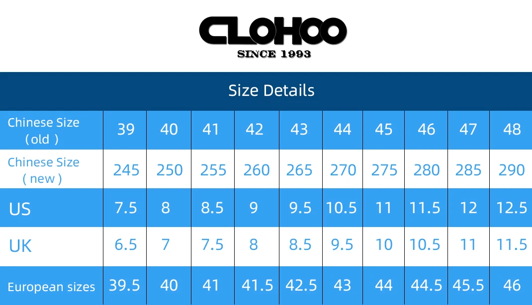 CLOHOO Men's Casual Loafers Size Chart