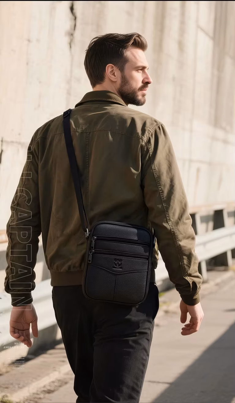 BULLCAPTAIN DJB030 Genuine Leather Crossbody Bag for Men - Black