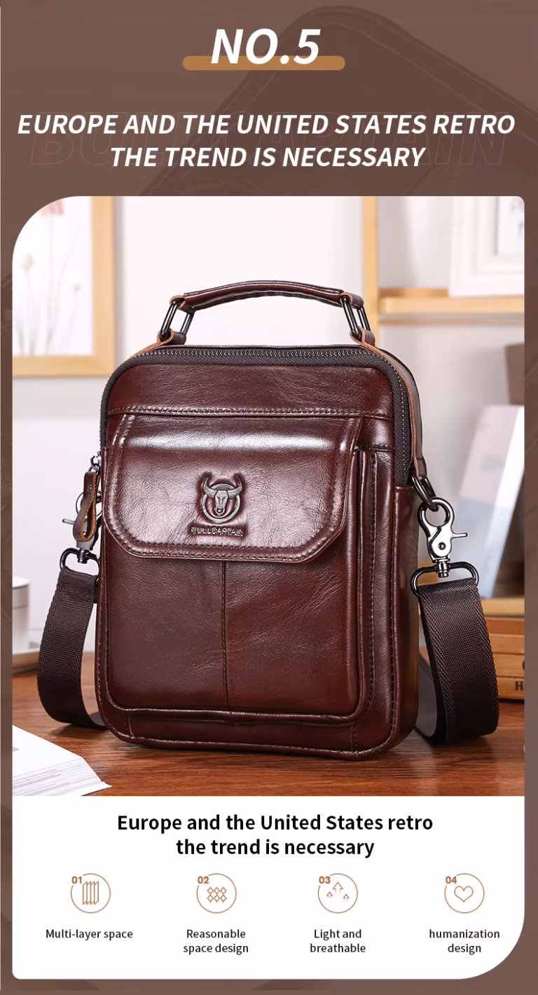 BULLCAPTAIN DJB049 Genuine Leather Messenger Bag - US Retro