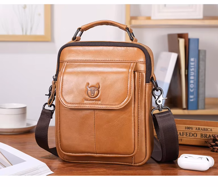 BULLCAPTAIN DJB049 Genuine Leather Messenger Bag - Brown Yellow BULLCAPTAIN DJB049 Genuine Leather Messenger Bag - Brown Yellow