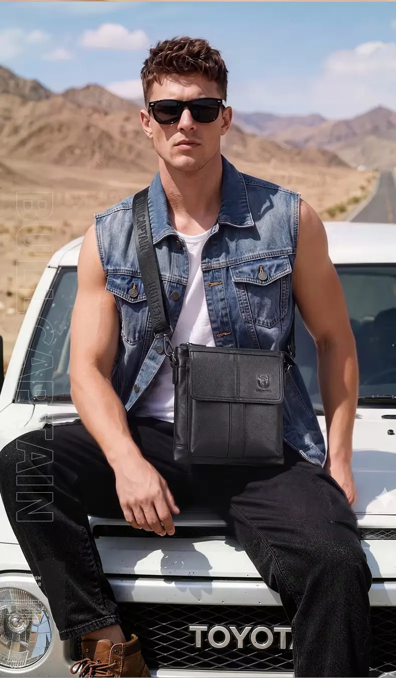 BULLCAPTAIN Genuine Leather Men’s Crossbody Messenger Bag - Black