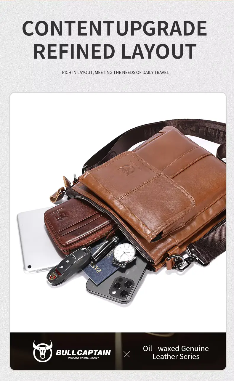 BULLCAPTAIN Genuine Leather Men’s Crossbody Messenger Bag - Refined Layout