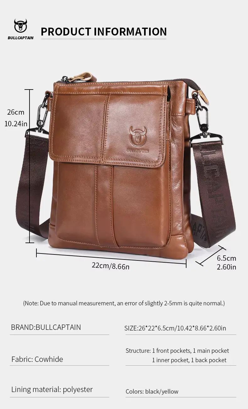 BULLCAPTAIN Genuine Leather Men’s Crossbody Messenger Bag - Product Information