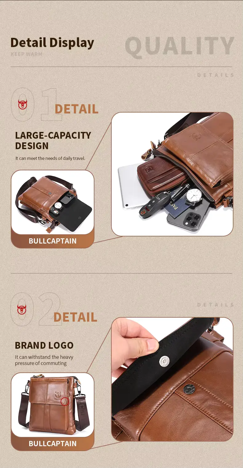 BULLCAPTAIN Genuine Leather Men’s Crossbody Messenger Bag - Detail Display