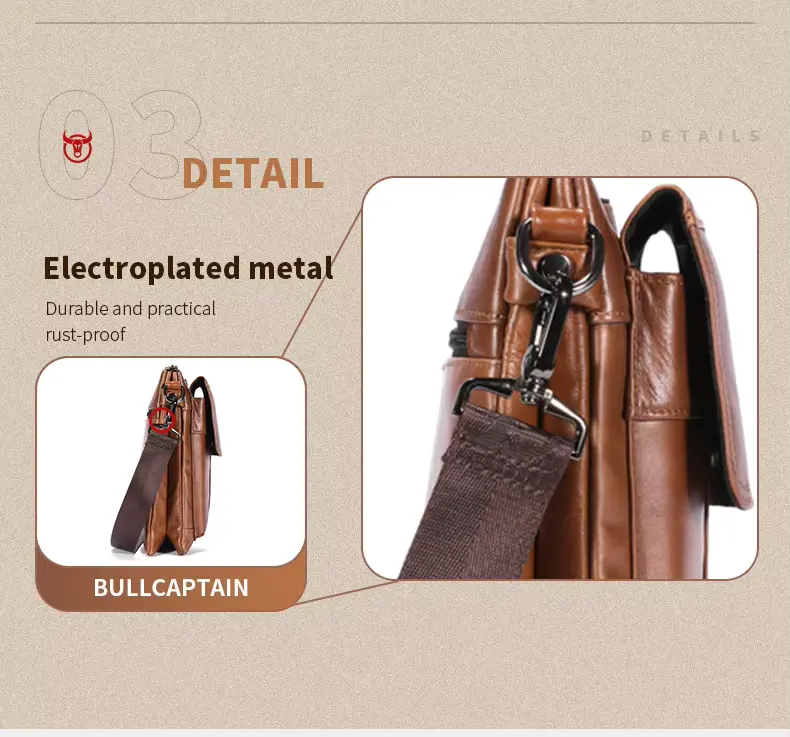 BULLCAPTAIN Genuine Leather Men’s Crossbody Messenger Bag - Electroplated Metal
