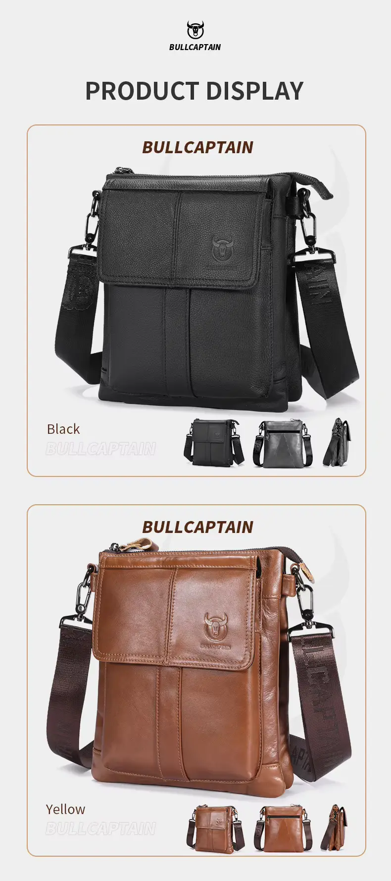 BULLCAPTAIN Genuine Leather Men’s Crossbody Messenger Bag - Product Display
