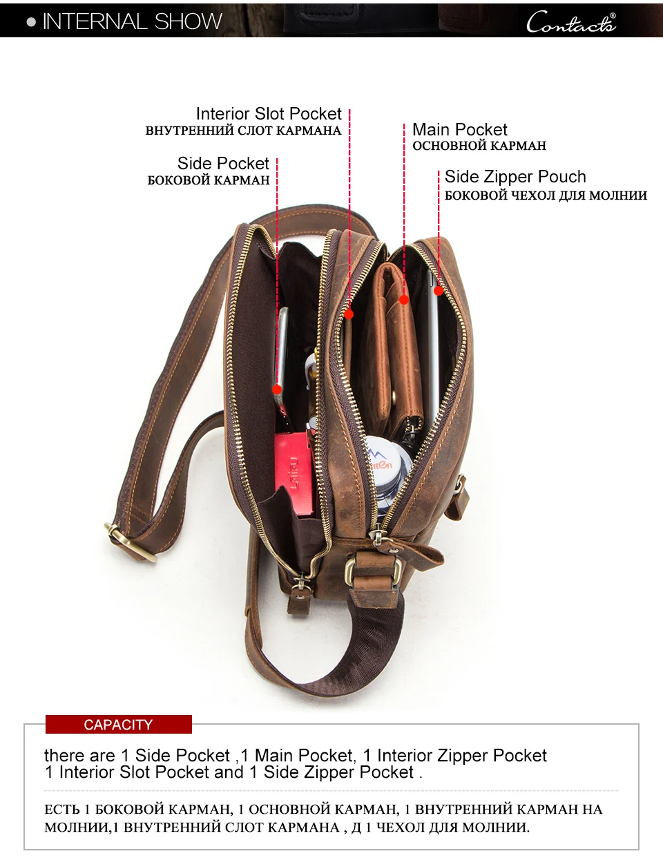 CONTACT’S MB078 Genuine Leather Crossbody Bag for Men - Internal Show CONTACT’S MB078 Genuine Leather Crossbody Bag for Men - Internal Show