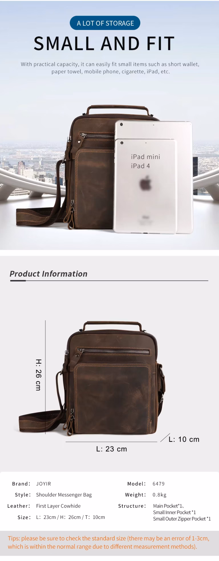 JOYIR 6479 Genuine Leather Messenger Bag Small and Fit