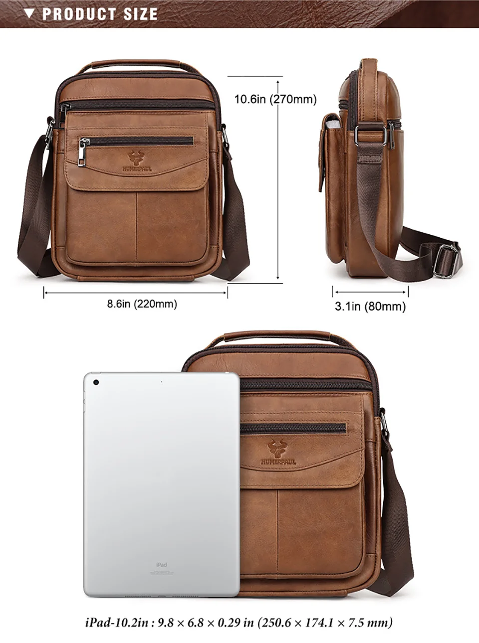 HUMERPAUL MH642 Genuine Leather Messenger Bag Size HUMERPAUL MH642 Genuine Leather Messenger Bag Size