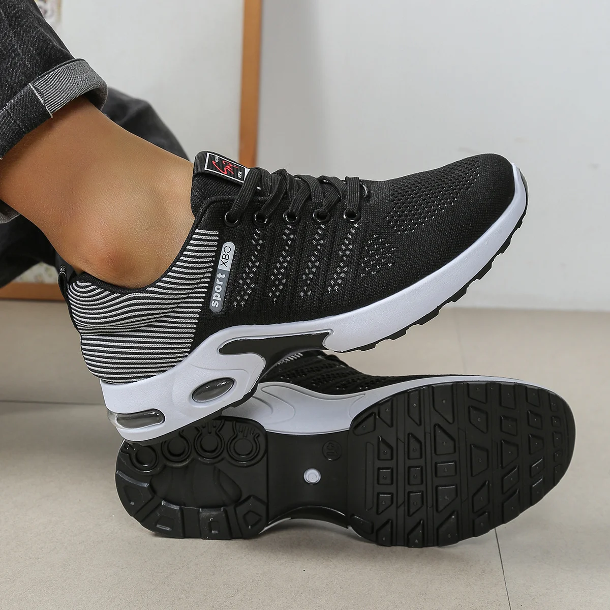 SA9308 Men’s Breathable Mesh Casual Sneakers White-Black