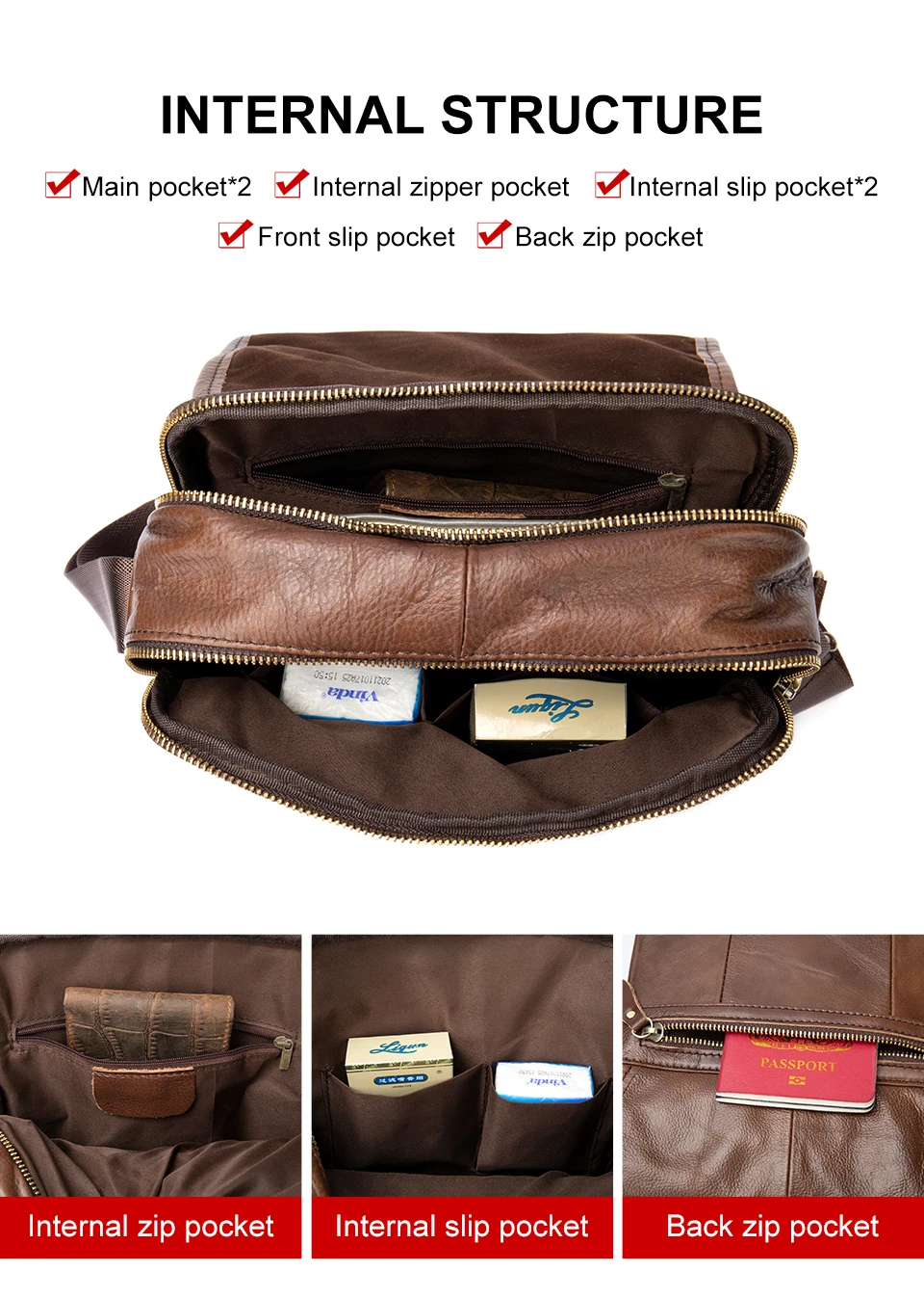 MVA ZM1121 Genuine Leather Crossbody Bag for Men - Internal Structure MVA ZM1121 Genuine Leather Crossbody Bag for Men - Internal Structure